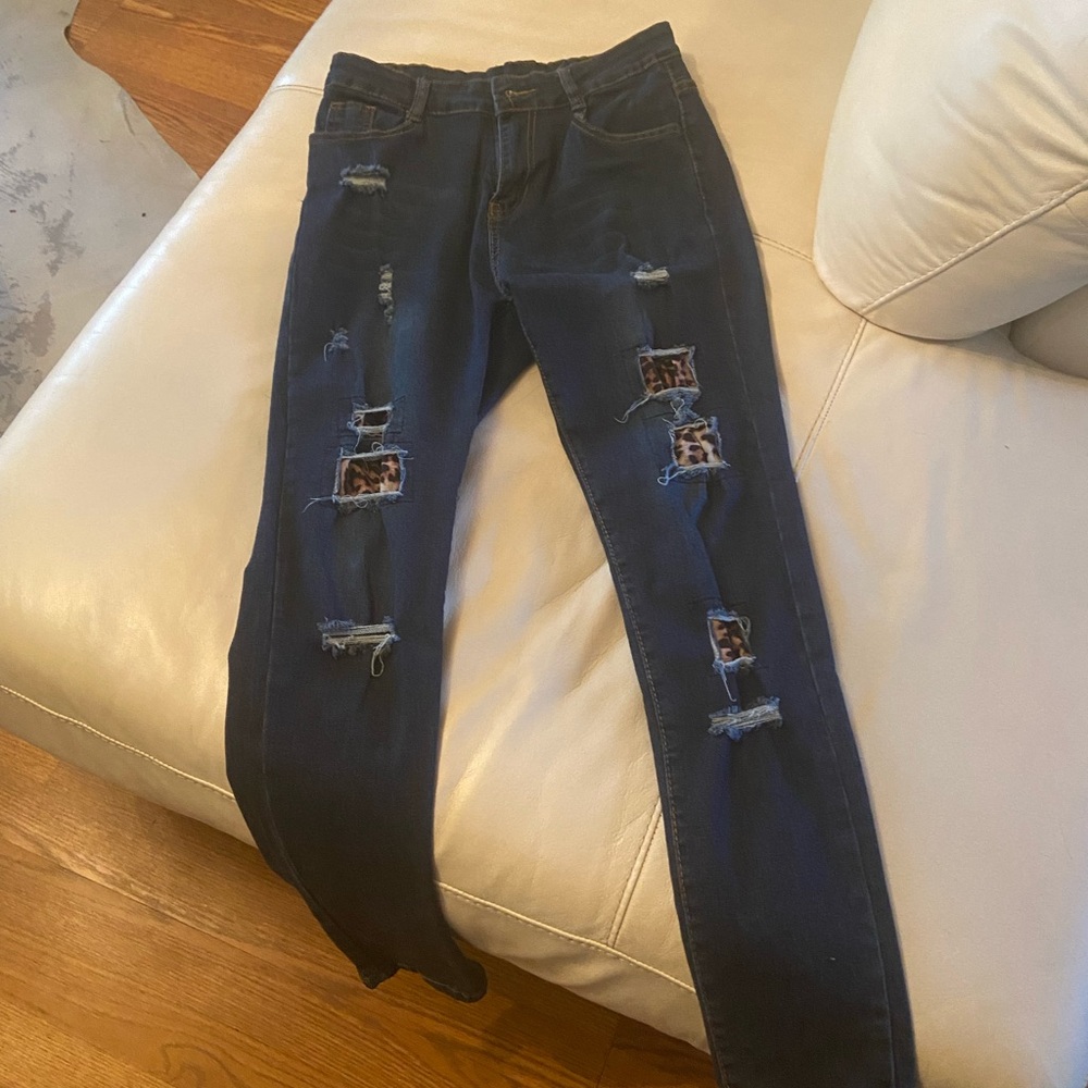 Leapard print inlayed stretch jeans